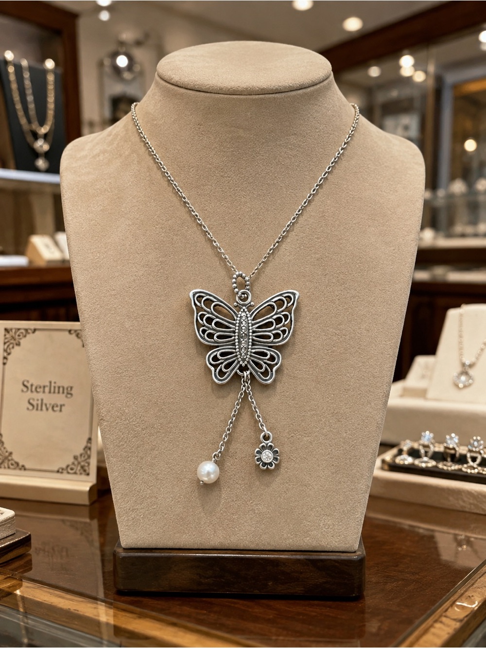 Pandora Sterling Silver Butterfly Necklace with Pearl and Flower Charms
